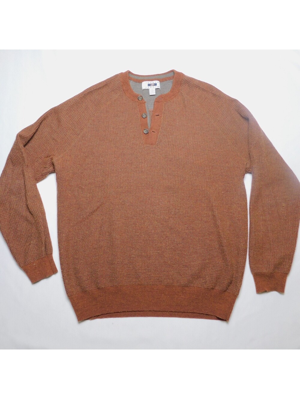Vintage 90s Joseph Abboud Men’s Henley Sweater L Merino Wool Blend Rust Brown